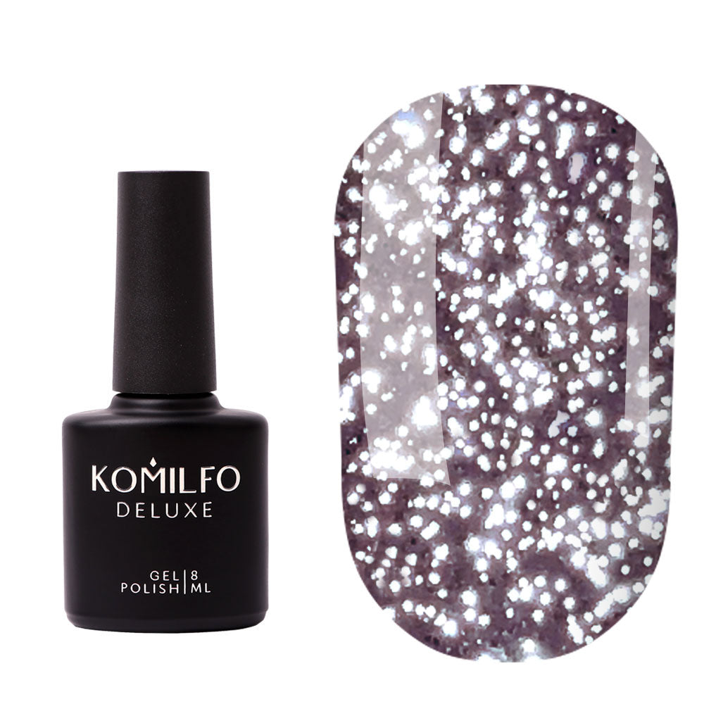 Komilfo Luminous No Wipe Top Coat (8ml) bottle and swatch (Clear glossy top coat with dense silver reflective glitter)