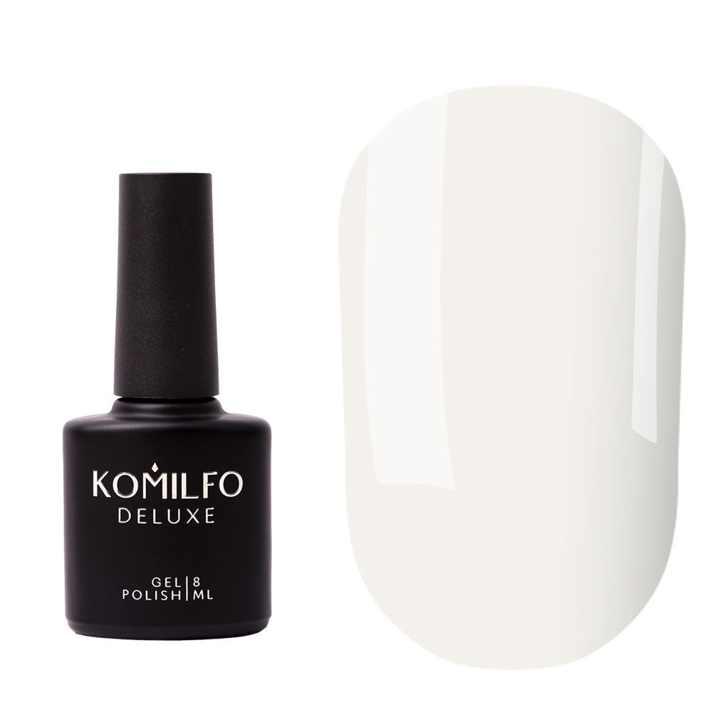 Komilfo No Wipe Milky White Top Coat (8ml) bottle and swatch (Soft translucent milky white glossy finish)