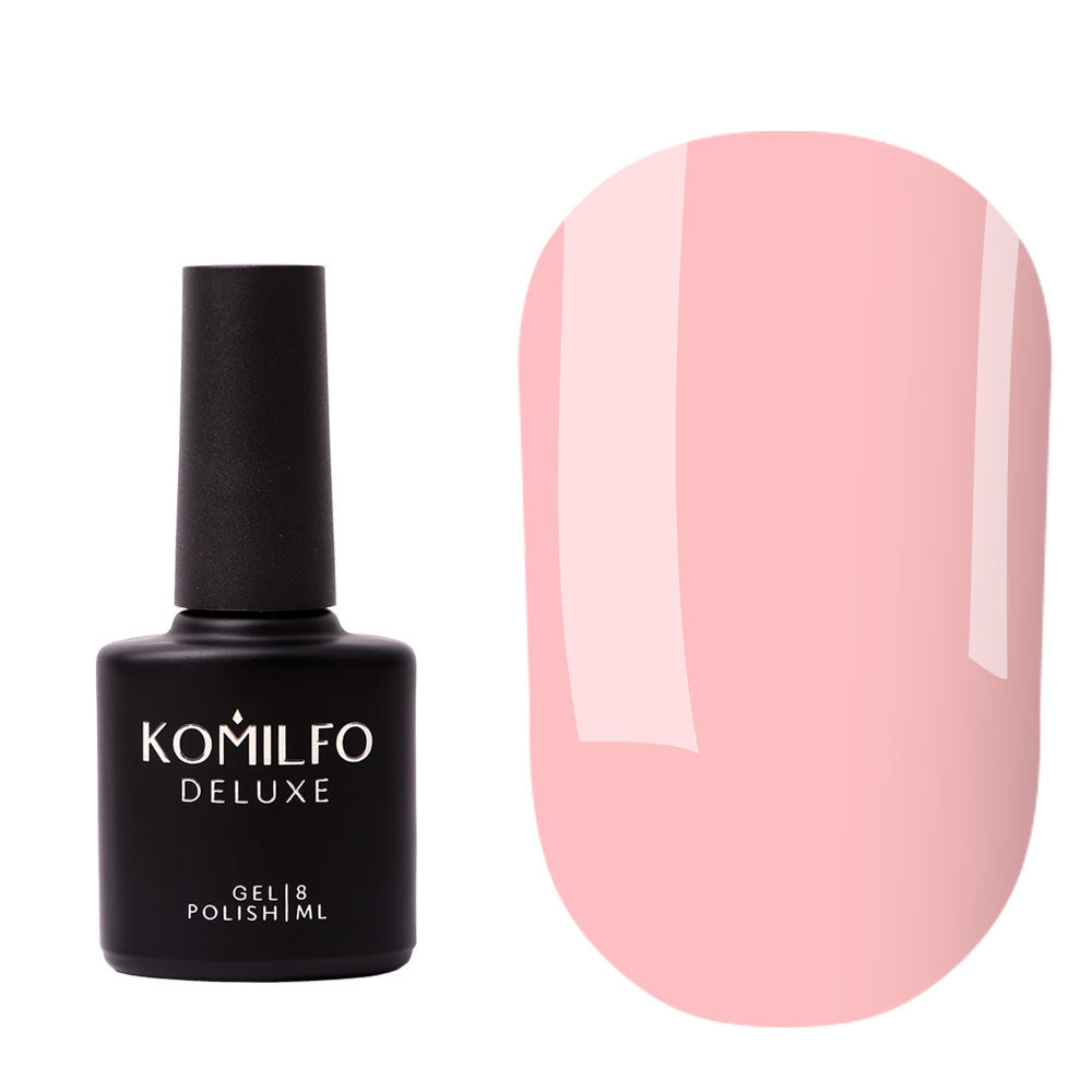 Komilfo No Wipe Milky Pink Top Coat (8ml) bottle and swatch (Soft translucent milky pink glossy finish)