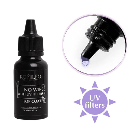 Komilfo No Wipe Top 50ml bottle with UV Filters and dropper cap (High gloss gel polish top coat for refill/bulk use)