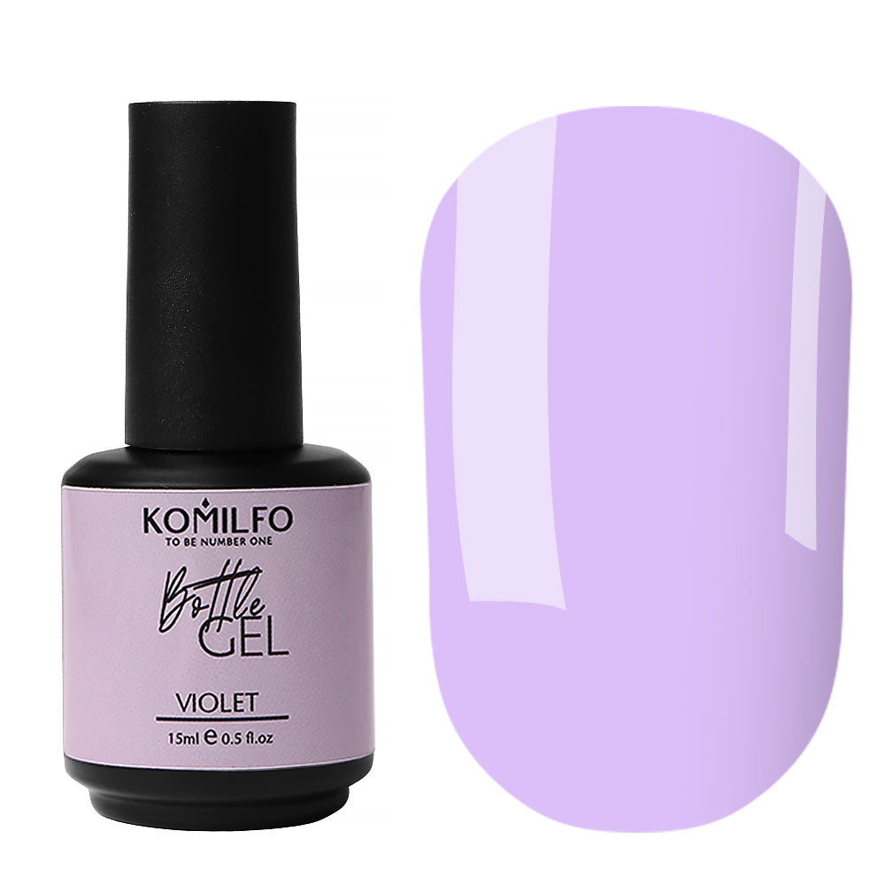 Komilfo Bottle Gel Violet 15ml bottle and opaque light lavender purple color swatch